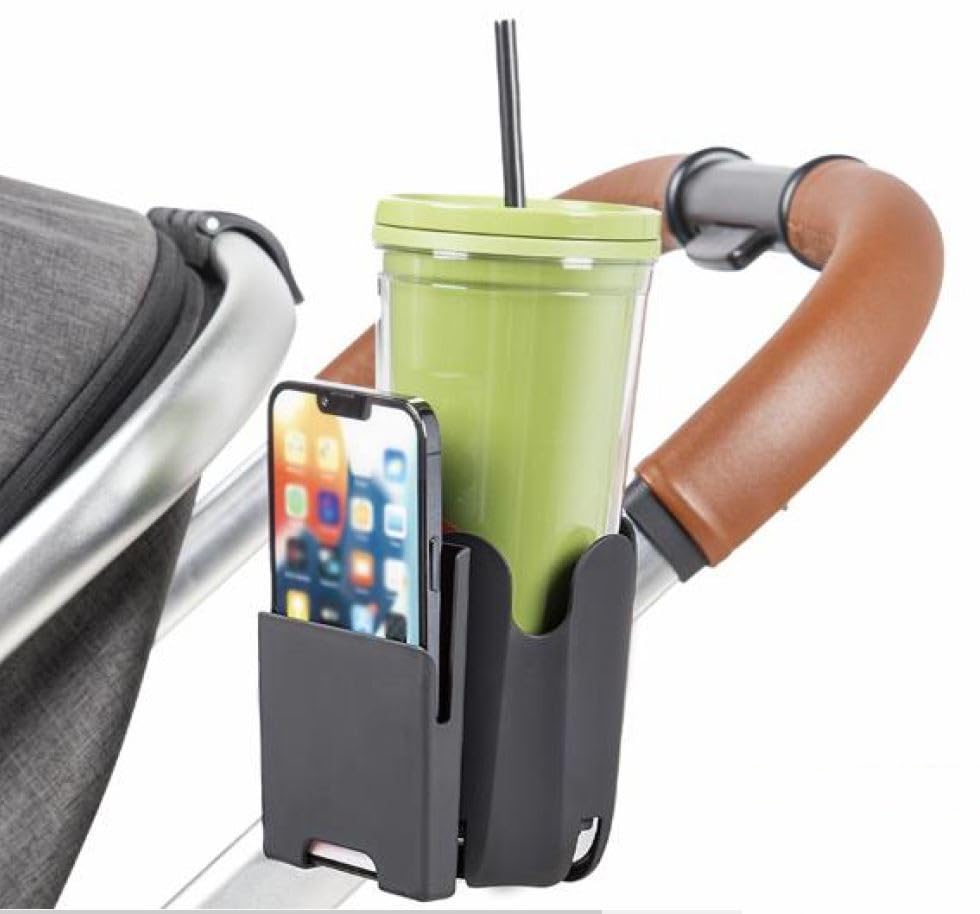 Pram Cup and Phone Holder, Universal fit for Stroller Pushchair, Buggy, Bike and Wheelchair, Black