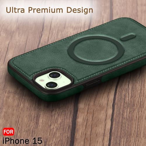 Image of TheGiftKart Genuine Leather Finish Back Cover Case for iPhone 15 | Shockproof Design | Raised Edges for Camera & Screen Protection | Stunning Minimalist Design Case Cover (MagSafe Compatible, Green)