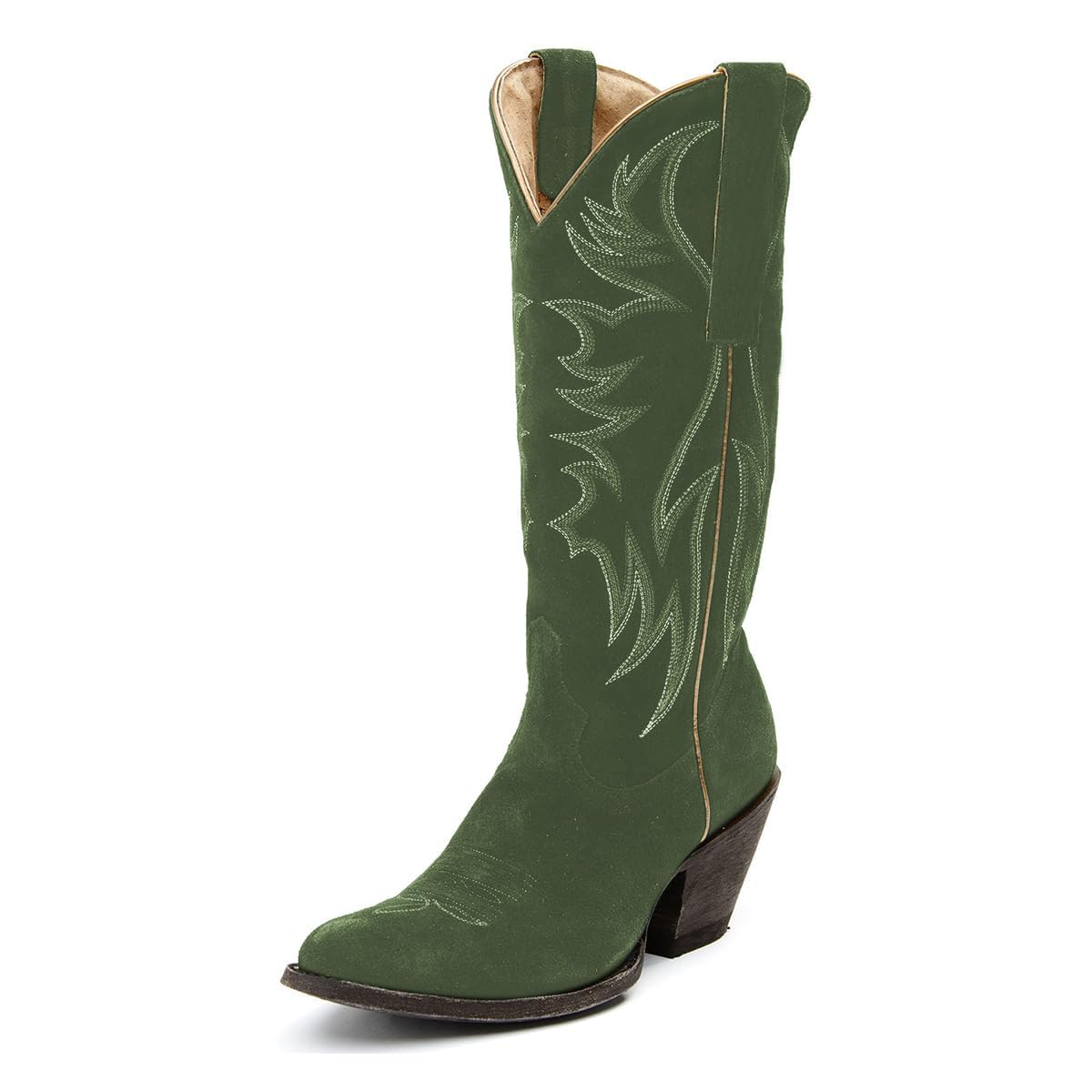 YDN Women Cowboy Boots Comfortable Pull On Western Booties Pointed Toe Chunky Block Heel Cowgirl Mid Calf Boots