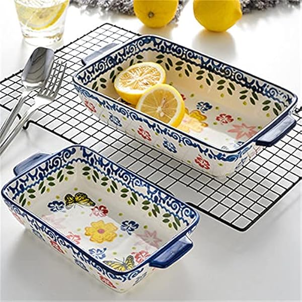 Keramische bakschaal handgeschilderde kunstplaat diepe plaat schotel plaat rechthoek binauraal keramische bakpan kaas gebakken rijstpan oven toegewijd (kleur: blauw, maat: 23 x 13 x 4,5 cm)