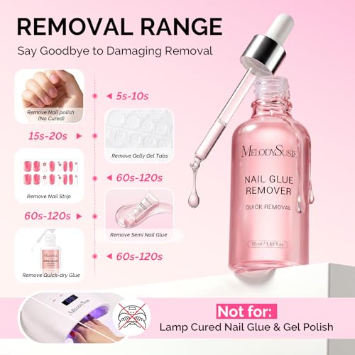 Image of MelodySusie 50ML Semi-Cured Gel Nail Strip Remover, Acetone Free Nail Polish Remover Multi-Functional Remover for Acrylic Tips Gentle Glue Remover with Stick