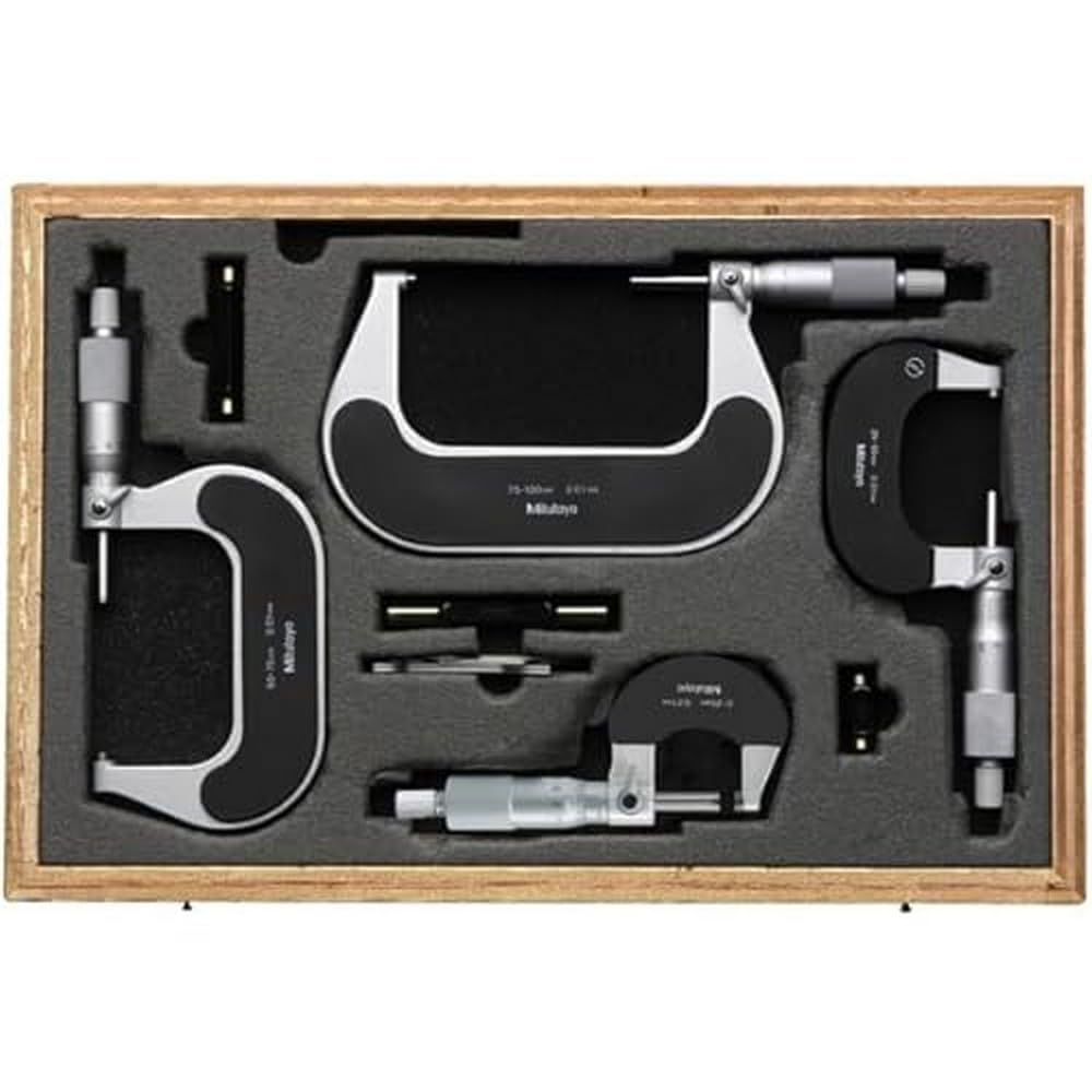 Mitutoyo 102-911-40 Bandmessschraube, Einhandbedienung (4-er Pack) | 0,01 mm, 6-teiliger Satz, Holzetui