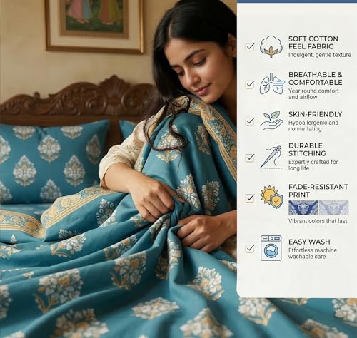 Image of VAS COLLECTIONS 240 TC Cotton Double Bedsheet with 2 Pillow Covers (90x100 Inch) Soft Breathable Skin Friendly Jaipuri Printed King Size Bedding Set for Bedroom Decor (Mughal Buti Print)