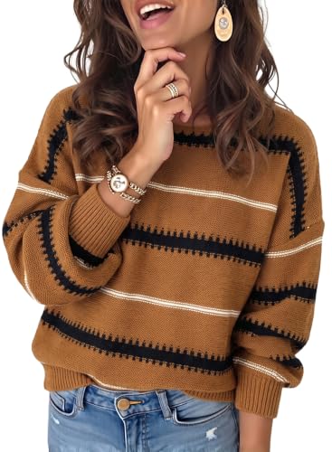 Image of Dokotoo Womens Color Block Sweaters Long Sleeve Pullover Knit Tops
