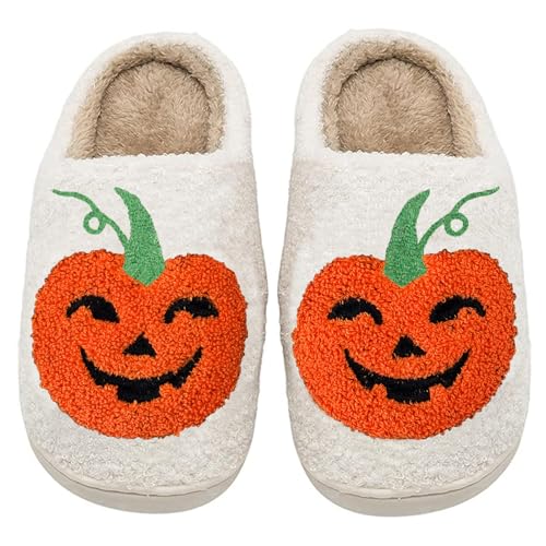 Image of Halloween Pumpkin Slippers for Womens Mens Plush Warm Spooky Lantern Pumpkin Slippers House Shoes