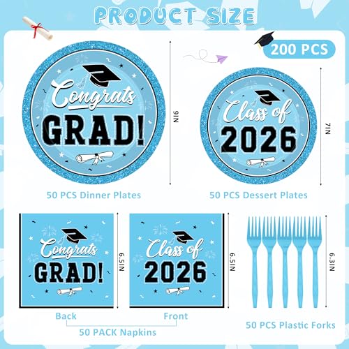Image of QZYL 50 Set Graduation Party Supplies, Sky Blue Graduation Plates and Napkins 2026, Disposable Dessert Plates and Plastic Forks, 200Pcs Grad Party Tableware for Wedding, Birthday, Graduation