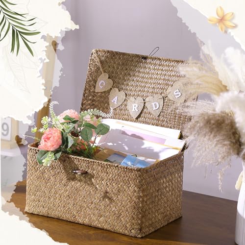 Image of Geelin Sea Grass Wedding Card Basket With Letter Flag Decorative Wedding Card Woven Post Box Suitable For Baby Showers Birthdays Graduation Ceremonies Bridal Showers(14 Inch,Coffee)