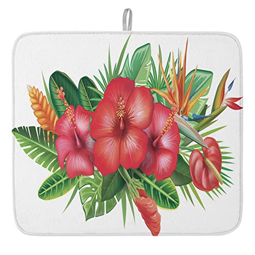 Dish Drying Mat For Kitchen Counter Absorbent Quick Drying Mat, Hawaiian Flower Tropical Gorgeous Flower Cluster Microfiber Drying Pad Countertop Protector, Easy To Hang- 16 X 18 #TOP10
