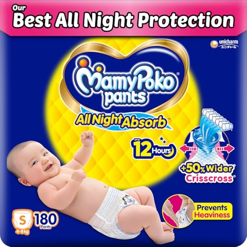 Image of Mamypoko Pants All Night Absorb| Pant Style Baby Diapers Small Size(S), 87 Count (Pack of 2), Ideal for 4-8Kgs|+50% Wider and Repeated Absorption for All Night 12hr Protection from Leakage, Prevents Heaviness
