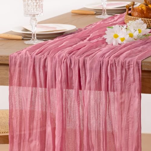 Image of MLMC Mauve Pink Table Runner Cheesecloth Table Runner 10ft Sheer Rustic Gauze Summer Cheese Cloth Decor 35x120 Inches for Wedding Party Bridal Shower Birthday Decor