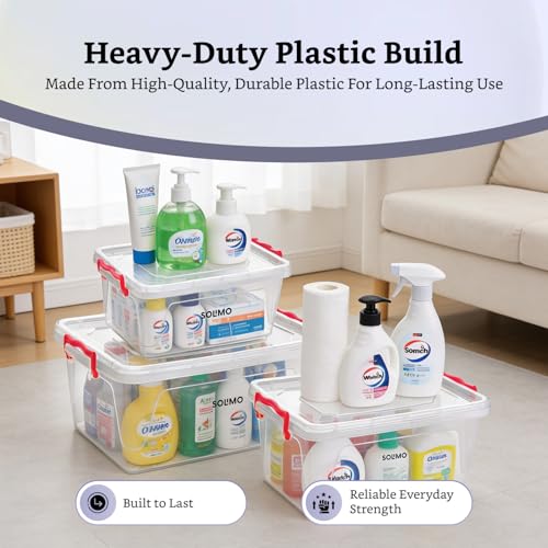 Image of Amazon Brand - Solimo Multi Box (3 Pcs - 5L, 10L, 15L) Transparent Plastic Storage Containers with Locking Handles | Stackable & BPA-Free Organizer | Multipurpose Storage for Home, Office & Kitchen