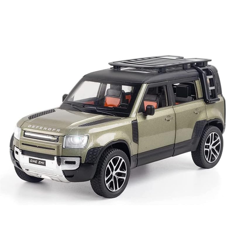 Image of Kids Model 1:24 Land Rover Defender Die Cast Metal Car Pull Back Action Opening Doors with Realistic Engine Sound Lights Toy Car Gift for Boys - Green