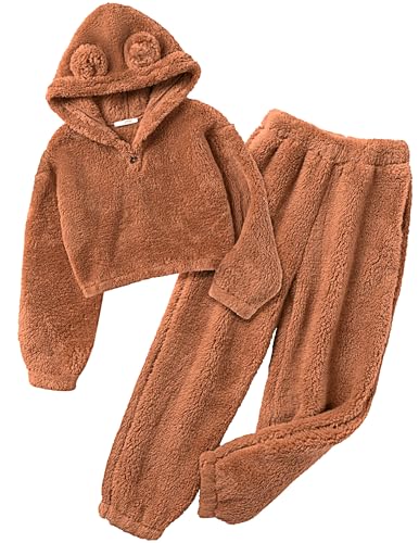 Image of Arshiner Girls 2 Piece Outfits Sweatsuit Fuzzy Long Sleeve Bear Ear Hoodie Sweatshirt and Sweatpant Kids Clothing Sets