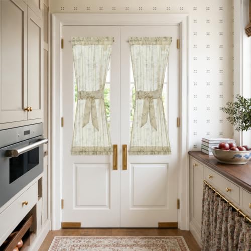 Image of jinchan Green Linen Floral French Door Curtains 40 Inch Rod Pocket 2 Panels