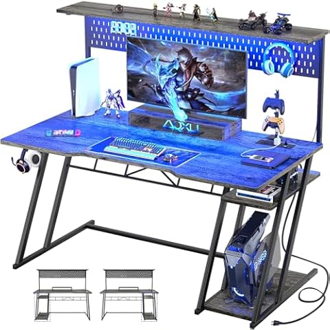 armocity 55'' Gaming Desk with Hutch and LED Lights, Gaming Computer Desk with Storage Shelves & Z-Shaped Legs, Reversible PC Gaming Desk with Pegboard, Ergonomic Desk for Bedroom, Grey Oak Cover