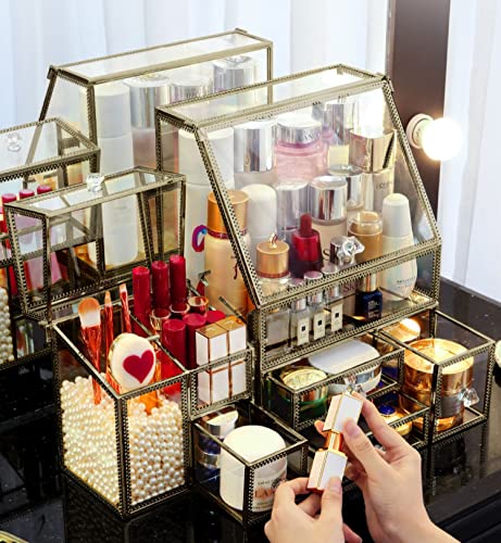 Glass Antique Brass Stackable Drawer Set Makeup Organizer For Vanity Antique Countertop Vanity Cosmetic Storage Box Mirror Glass Beauty Display #TOP20