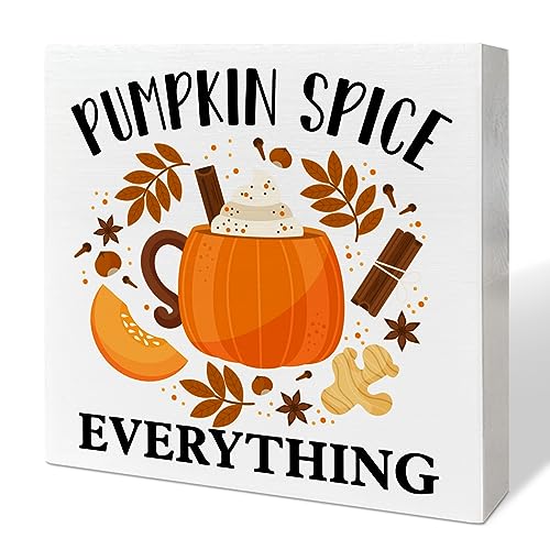 Image of Fall Table Wooden Box Sign, Pumpkin Spice Everything, Autumn Pumpkin Table Decor, Fall Farmhouse Tabletop Decorations for Home, Kitchen, Harvest, Thanksgiving, Rustic Desk Decor