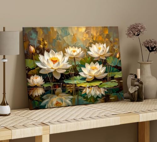 Image of ArtX White Lotus Painting For Wall Vastu, Canvas Painting for Living Room, Premium Floral Wall Painting, Gallery Wrapped, Home, Bedroom & Office Wall Decor | 45 x 58 cm