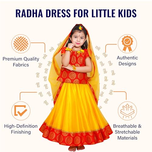 Image of Sarvda Shree Krishna Dress for Baby Boy & Radha Dress for Girls | Janamashtami Dress | Fancy Dress Costume with Accessories Dhoti, Dupatta, Mukut Flute Complete set, Ethnic wear
