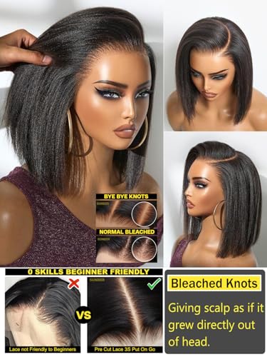 Image of Sunber Bye Bye Knots Yaki Straight Bob Human Hair Wigs Pre Cut 7x5 HD Lace Front Glueless Wig with Elastic Drawstring Put and Go Pre Plucked Bleached Invisible Knots Pre Everything Yaki Bob 14Inch