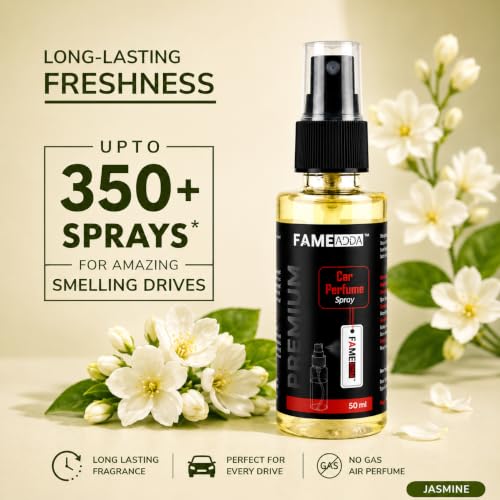 Image of Jasmine Premium Car Perfume Luxury Spray 50 ML with Hanging Card /Travel Friendly Car Air Fresheners 350+ Sprays /Car Accessories Interior /Eliminates Bad Odour for Car, Office & Home