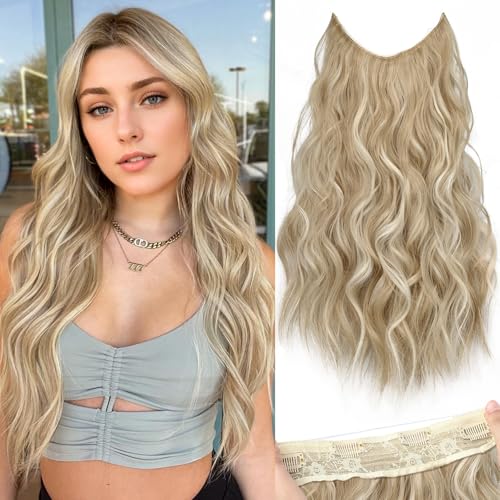 KooKaStyle Invisible Wire Hair Extensions with Transparent Wire Headband Adjustable Size 4 Secure Clips Long Wavy Synthetic Hairpiece for Women(20inch Beige Blonde mix Lvory Blonde Highlights)