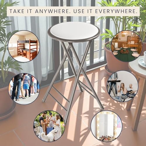 Image of Lavish Home Folding Stool with Padded Backless Seat Set of 4, White, 24 inch | Counter Height Bar Stools with 225lb Capacity, Portable Indoor & Outdoor, Extra Seat for Kitchen, Rec Room or Camping