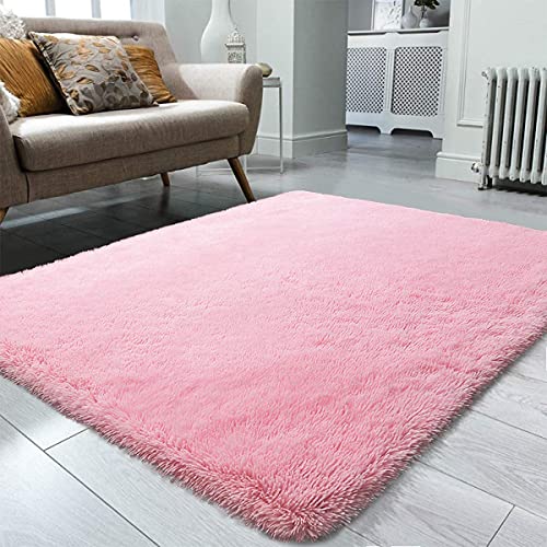 Image of AROMICK Modern Polyester Anti Slip Shaggy Fluffy Rug and Carpet for Living Room, Bedroom & Dining Room (4 x 6 Feet, Pink)