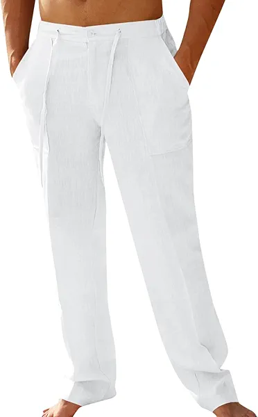 PASLTER Mens Casual Linen Pants Loose Fit Elastic Drawstring Waist Straight-Legs Summer Yoga Beach Long Pants