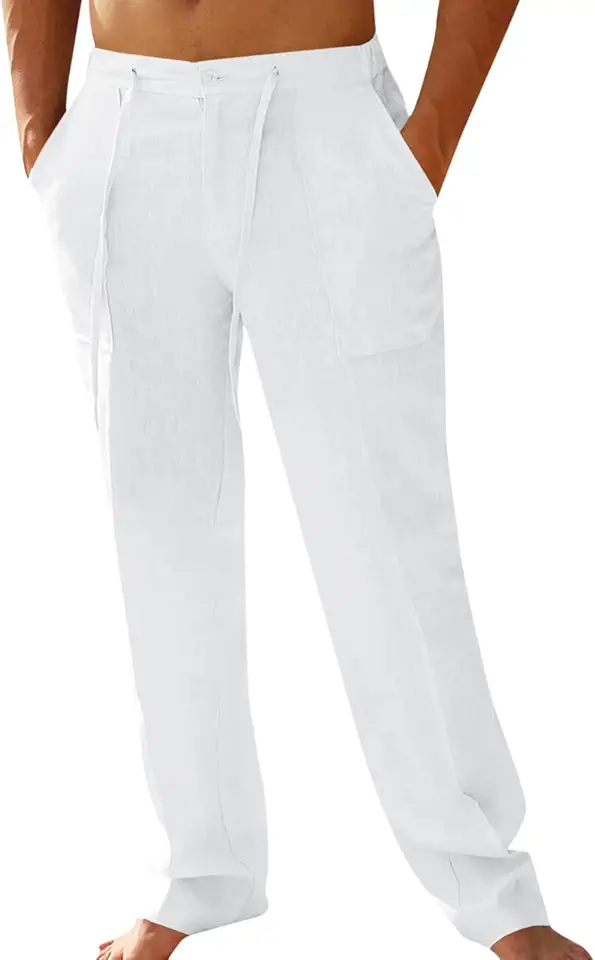 PASLTER Mens Casual Linen Pants Loose Fit Elastic Drawstring Waist Straight-Legs Summer Yoga Beach Long Pants
