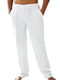 Mens Casual Linen Pants Loose Fit Elastic Drawstring Waist Straight-Legs Summer Yoga Beach Long Pants