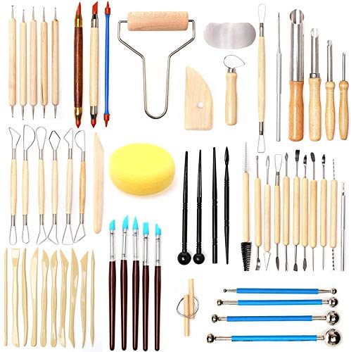 KEENEST 61PCS Pottery Tools and Clay Ceramic Sculpting Tools Set, Polymer Clay Tools Pottery Tools Set, Wooden Pottery Sculpting Clay Cleaning Tool Set for Potters Beginners Professionals Arts Crafts