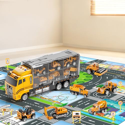 Toddler Boys Construction Truck Vehicle Toy Set with Play Mat and Die-Cast Toy Car, Transport Carrier Truck for Kids 3-5, Birthday Gifts Toys for 3-8 Year Old Boys - Image 3