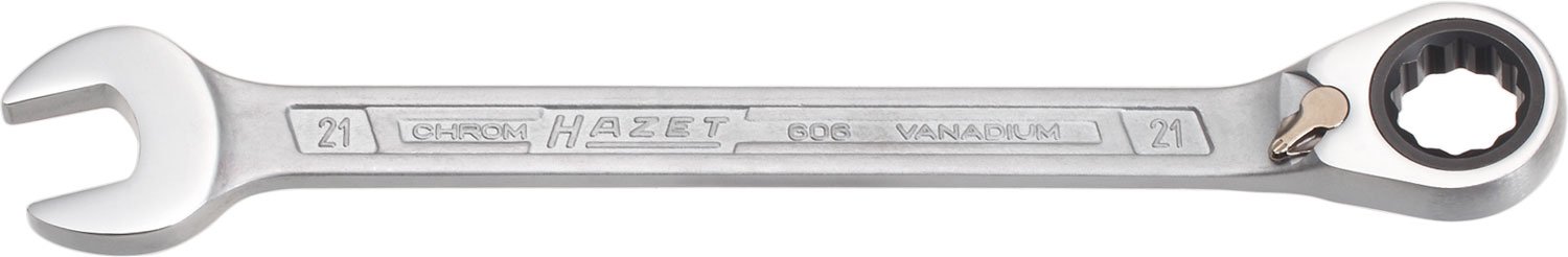 Chiave ad anello a cricchetto HAZET 606-21, uscita: doppio esagono esterno, larghezza tra i piani: 21 mm, angolo di lavoro (5 gradi), utensile per lavori di avvitamento stretti su biciclette