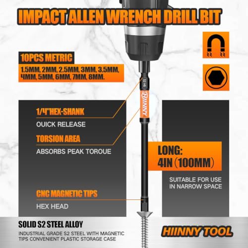 Image of Metric Impact Allen Wrench Drill Bit Set,10PCS 4 inch Long Hex Bit Set, 1 /4 inch Hex-Shank S2 Steel,Impact Driver Bit Set, Magnetic CNC Tips for Drill & Driver with Storage Box
