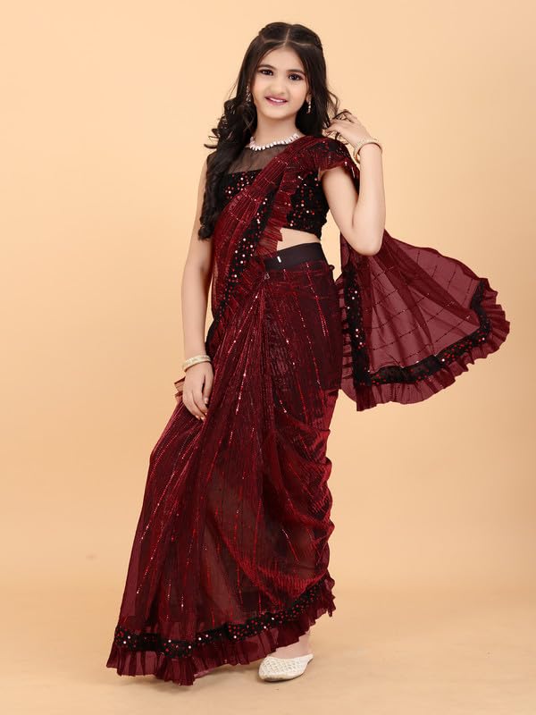 Image of Kids Supernet Tikli Work Ready to Wear Saree with Unstitched Blouse Piece | Traditional Ethnic Saree for Girls | Pre Stitched Festive Dress for School Function, Cultural Events & Wedding