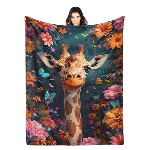PINKBAY Cute Giraffe Blanket Colorful Flowers Bed Blanket for Girls Kids Cartoon Animal Throw Blanket Floral Flannel Blanket Wildlife Giraffe Flannel Blanket Botanical Room Decor 50x60in