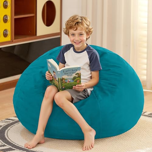 Image of HABUTWAY 2FT Bean Bag Chair, 2' Beanbags Small Bean Bag Chairs with Filling, Teardrop Bean Bag Chair Luxurious Velvet Ultra Soft Fur with Removable Cover (Dark Green)