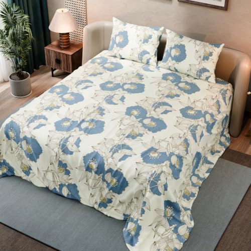 Image of BLISSHOME SoftTouch 140TC Cotton King Size Printed Bedsheet with 2 Pillow Covers for Double Bed, Silky Smooth Bedding Set, Breathable, Easy Maintain, Floral Print - Ivory, Blue