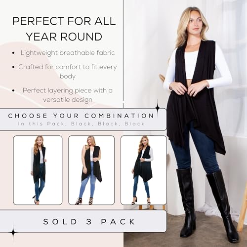 Image of Azules Sleeveless Cardigan for Women, Soft Lightweight Duster Open Front Sleeveless Long Cardigan Vest (3 Pack)