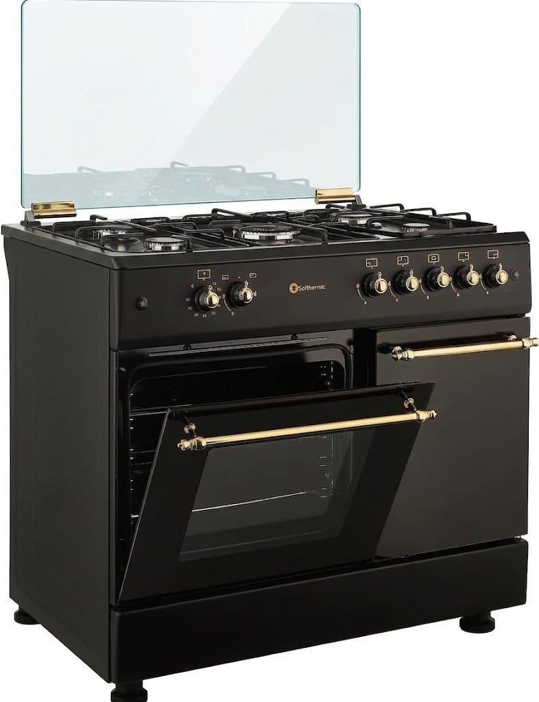 PACK COCINA A GAS F9LT50G2 PORTABOMBONA NEGRA RÚSTICA + CAMPANA DECORATIVA NEGRA RÚSTICA/ANCHO 90 CM/FUEGOS CON ENCENDIDO AUTOMATICO/HORNO 64 L.