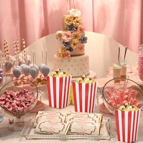 Image of 12 Pcs Paper Popcorn Boxes, Striped Popcorn Bags Decorative Containers Puffed Rice Bowl Buckets for Birthday Party Favor, Movie Nights, Party Favors, and Carnival Themed Events, Red and White