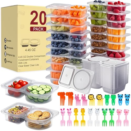 20 Pack Reusable Snack Containers with Lids, Double Compartment Snack Containers...