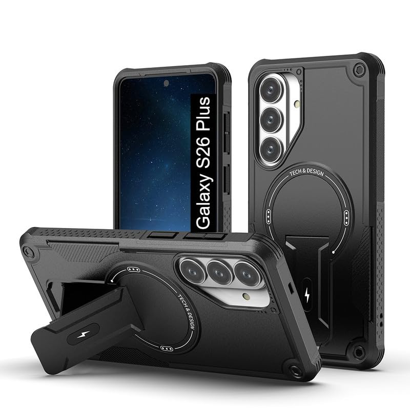 Image of US LITE Back Cover for Samsung Galaxy S26 Plus with Portable Kickstand | MagSafe Compatible Magnetic Case | Shockproof Military Grade Protection | Extreme Protection Phone Cover - Black