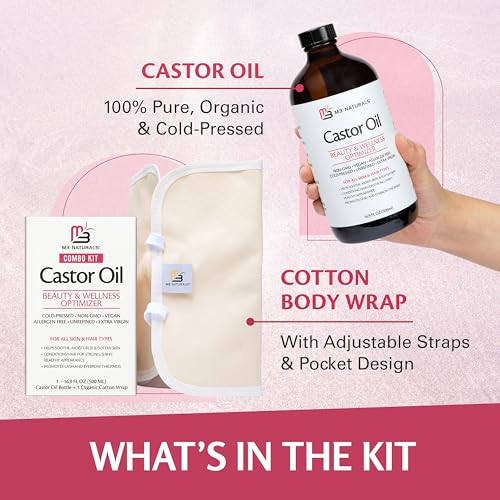 Image of Pure Castor Oil Pack Kit Hexane-Free w / Reusable Organic Cotton Wrap by M3 | Cold-Pressed Castor Oil in Glass Bottle with Adjustable Wrap for Wellness, 1 of Each