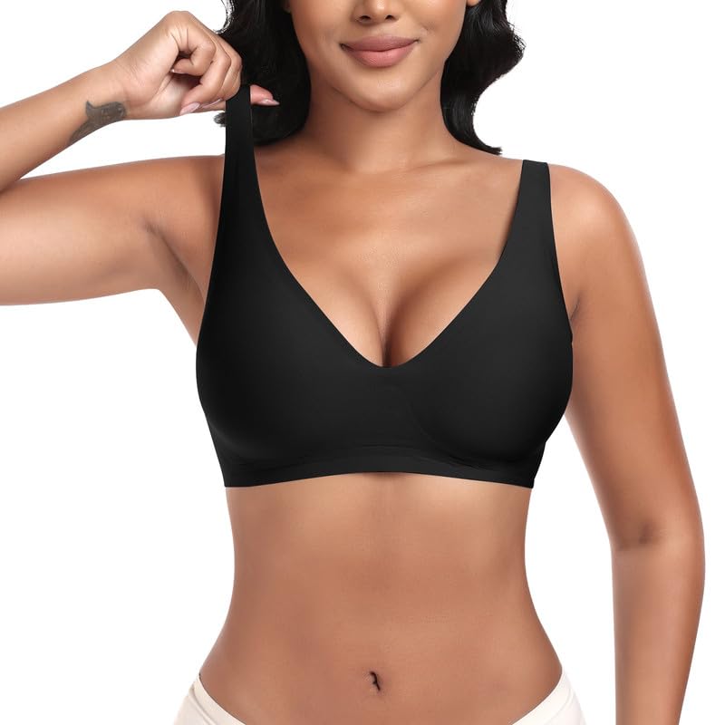 Jiuday Tiefer V Push Up BH ohne Bügel for Damen Bequemer BH für Große Brüste Starker Halt Seamless Soft Bra Bügelloser Gepolstert Nahtloser Glatter Bralette (Tief V Schwarz-1,M)
