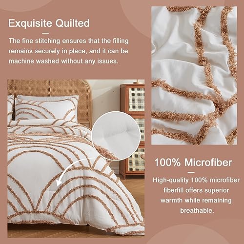 Image of ENJOHOS Boho Bedding Comforter Set Queen, 3 Pieces Tufted Rainbow Bedding Set for Queen Size Bed, Lightweight Fluffy Microfiber White and Orange Comforter for All Season