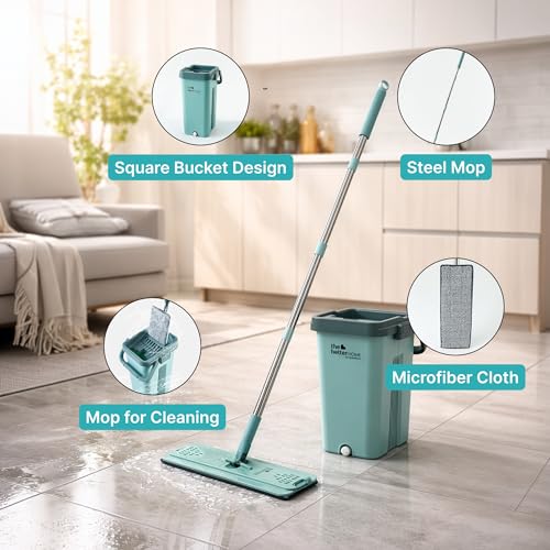 Image of The Better Home 360 Bucket Mop Set | Square Flat Mop with Wringer Bucket | Stainless Steel Handle Floor Cleaning System | Microfiber Mop for Home Kitchen Bathroom Tiles (Green)