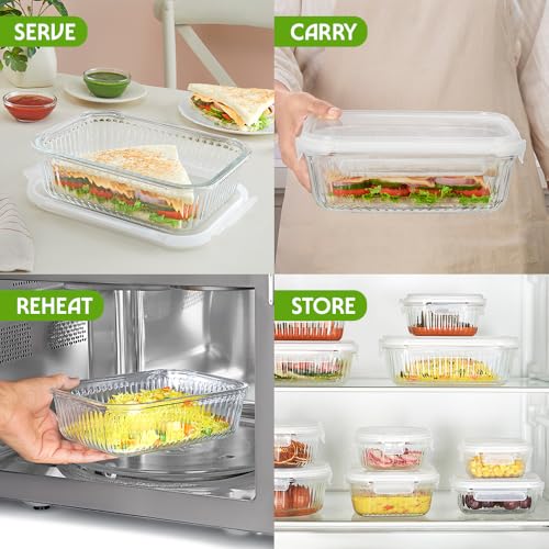Image of Borosil 1.52 L Fluted Klip N Store Rectangle Food Storage Container with Air Tight Glass Lid | Borosilicate Glass Container for Lunchbox | Microwave & Dishwasher Safe | Transparent