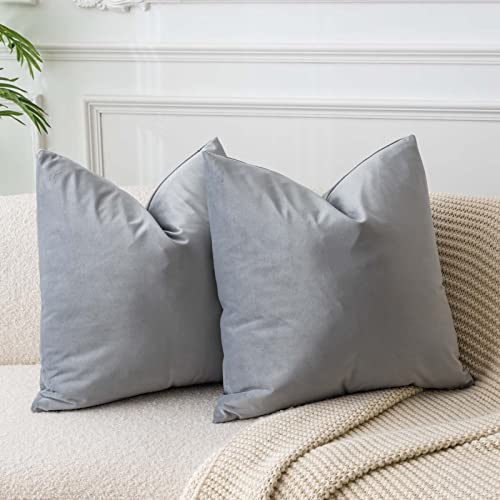 Image of JUSPURBET Velvet Decorative Throw Pillow Covers 14x14 Set of 2,Silver Gray | Modern Soft Cushion Covers with Hidden Zipper for Couch Sofa Bed Living Room Bedroom Home Decor